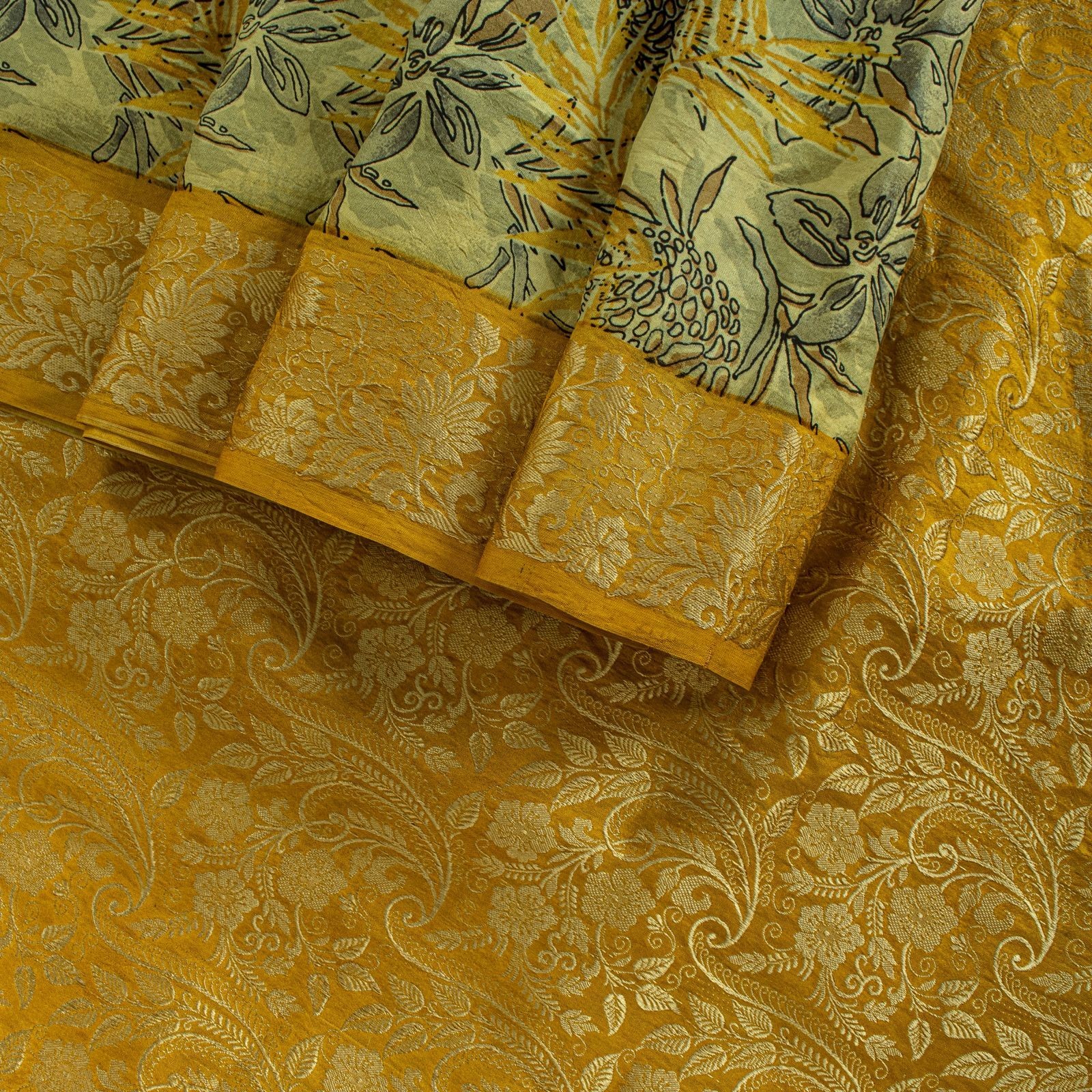 Sanskriti Vintage Saree Green-Yellow Soft Pure Silk Floral Print-Woven Sari 5.5Y