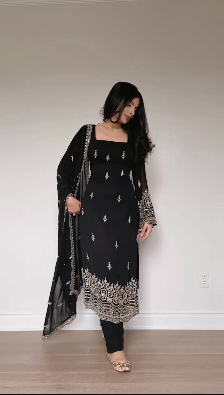 Stunning Black Faux Georgette Salwar Kameez With Dupatta For Party Wear