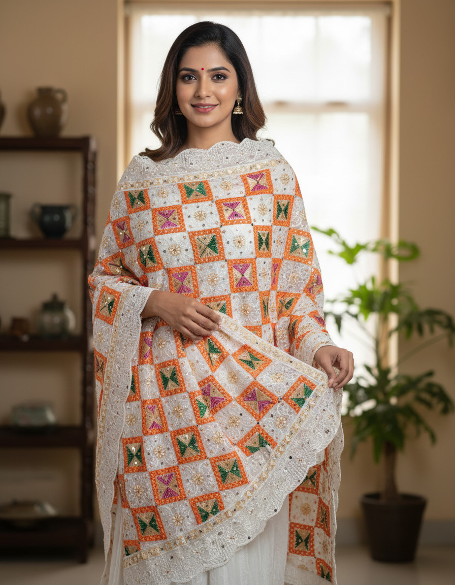 Warm Worth Chinon Dupatta Antique Bagh Phulkari Embroidery for Womens & Girls