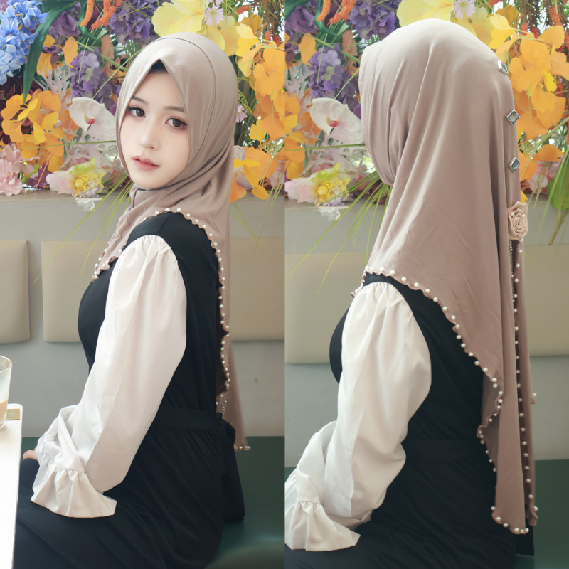 Muslim High End Rose Pearl Solid Color Shawl Headscarf Shayla Chador Scarf Hat