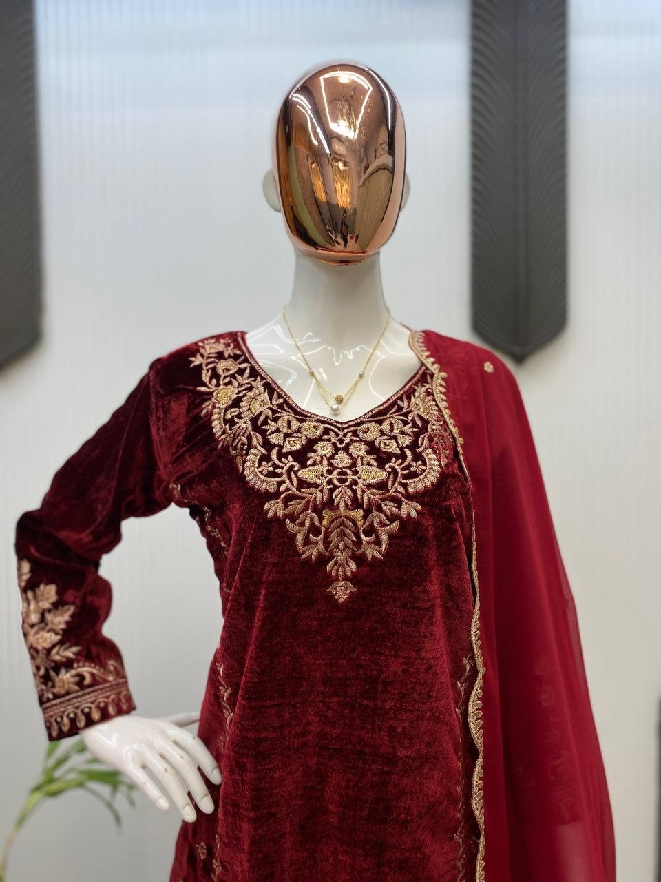 Presenting New Velvet Maroon Top Palazzo With Dupatta For Functional Wear