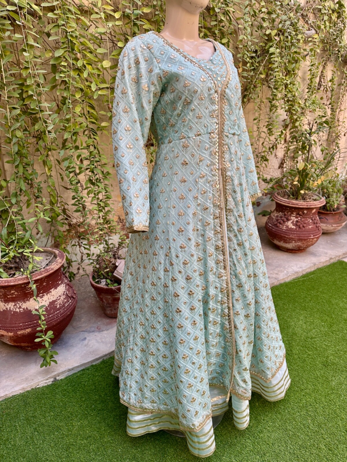 Pakistani Sky Blue double Long Maxi Style Embroidered Sequins Chiffon Dress,XL