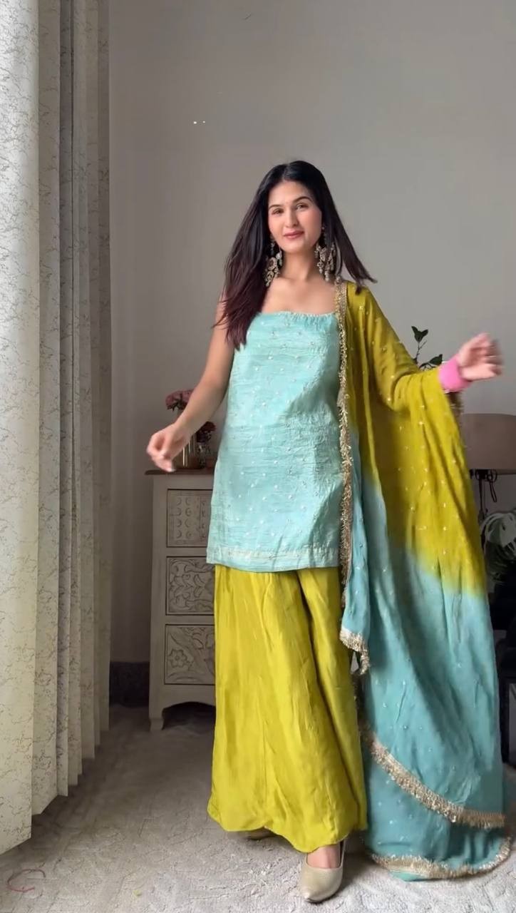 Beautiful Chinon Silk Sky Blue Top Palazzo With Dupatta For Reception Wear