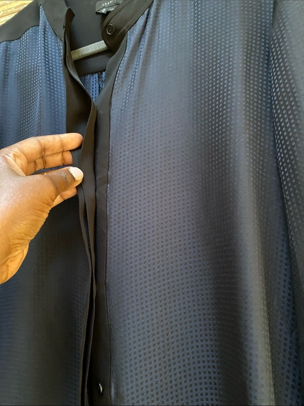 Theory 100% Silk Navy Collarless Button Down Blouse with Black Trim, Size M