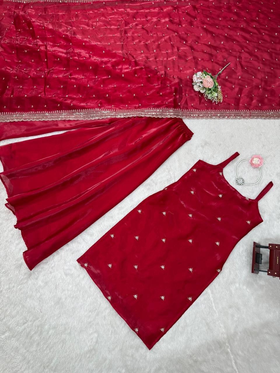 Stunning Look Gmy Silk Red Top Palazzo With Dupatta For Women Party Wear