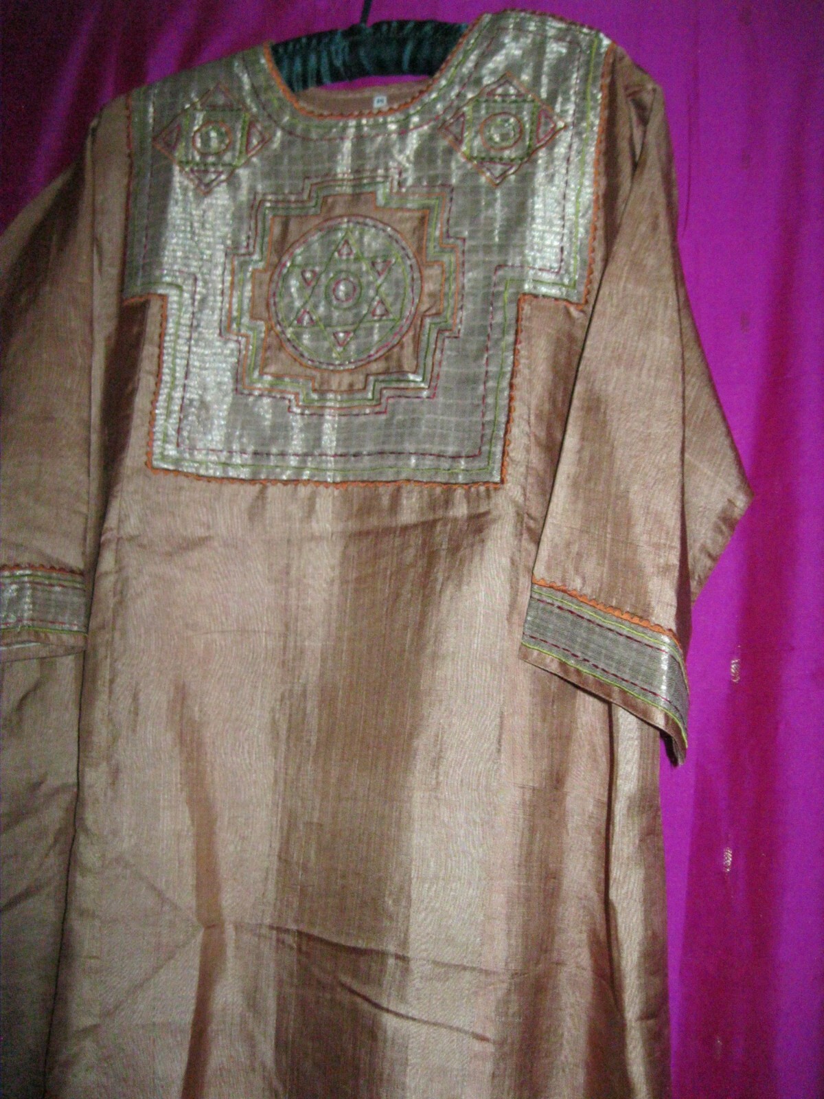 INDIA, SILK GARMENT SZ. M., MANGO COLORED W/ GOLD THREAD FRONT, 3/4 SLEEVES