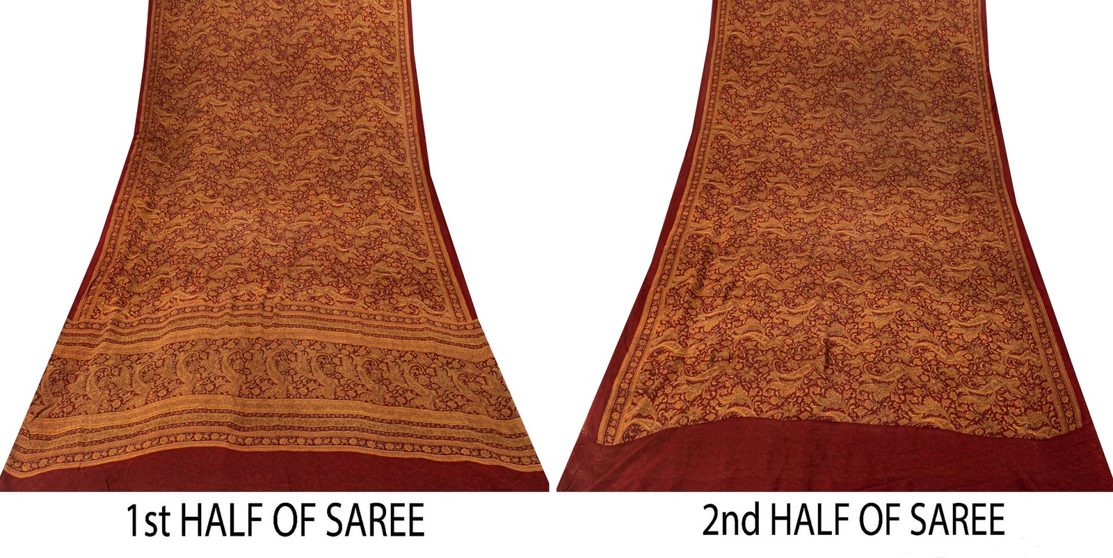 Sanskriti Vintage Dark Red Sari Pure Georgette Kalamakari Hand Block Saree 6 Yd