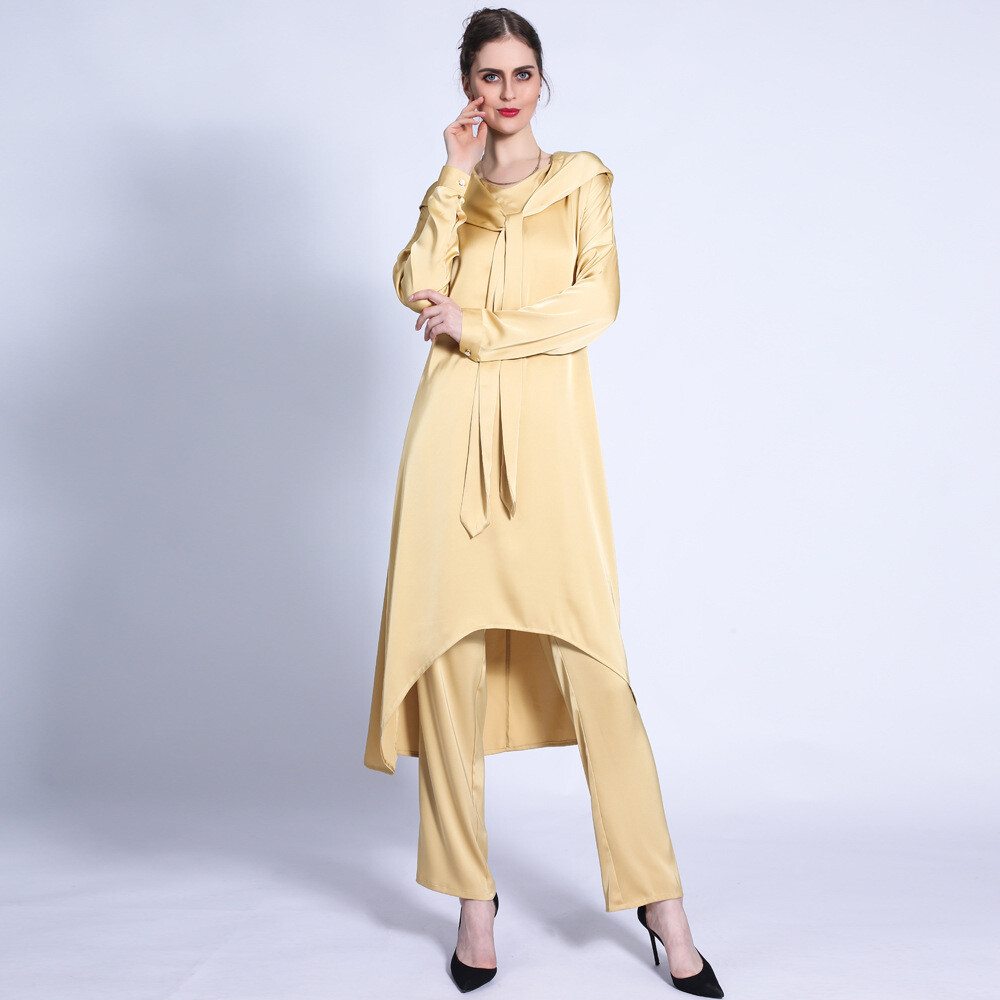 2pcs Satin Dubai Women Hooded Blouse Pants Two Piece Suit Islamic Robe Ramadan