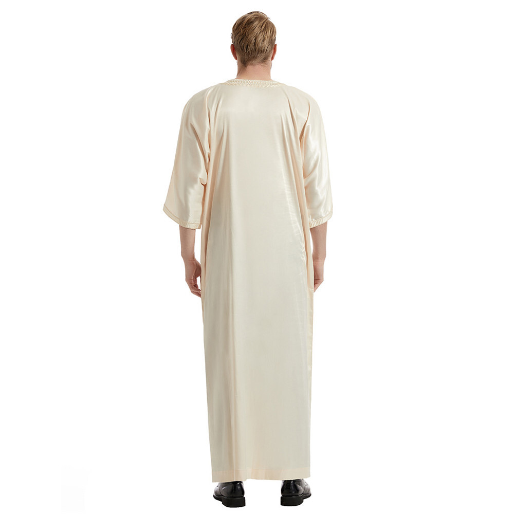 Muslim Islamic Men Thobe Satin Embroidery Kaftan Maxi Dress Saudi Jilbab Abaya