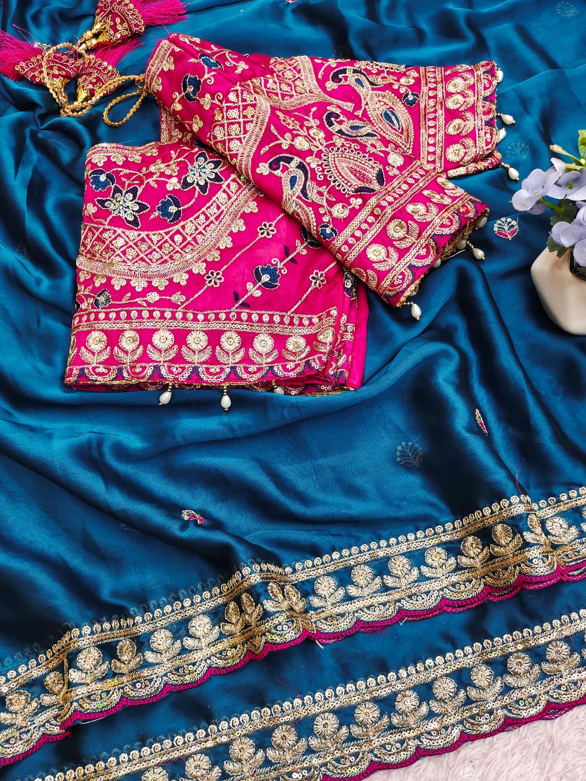 Soft Rangoli Silk Fabric With Sequance and dori Embroidery Work with Real Mirror