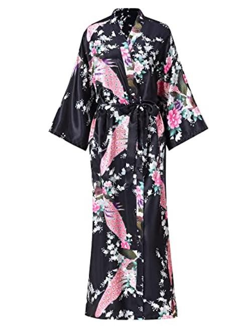 Women’s Floral Long Satin Robes Plus Size XX-Large-3X-Large Peacock | Black
