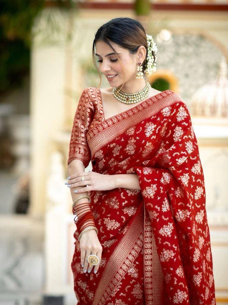 Bollywood Bridal Red Saree Silk With Blouse Designer Indian Wedding Party Wear