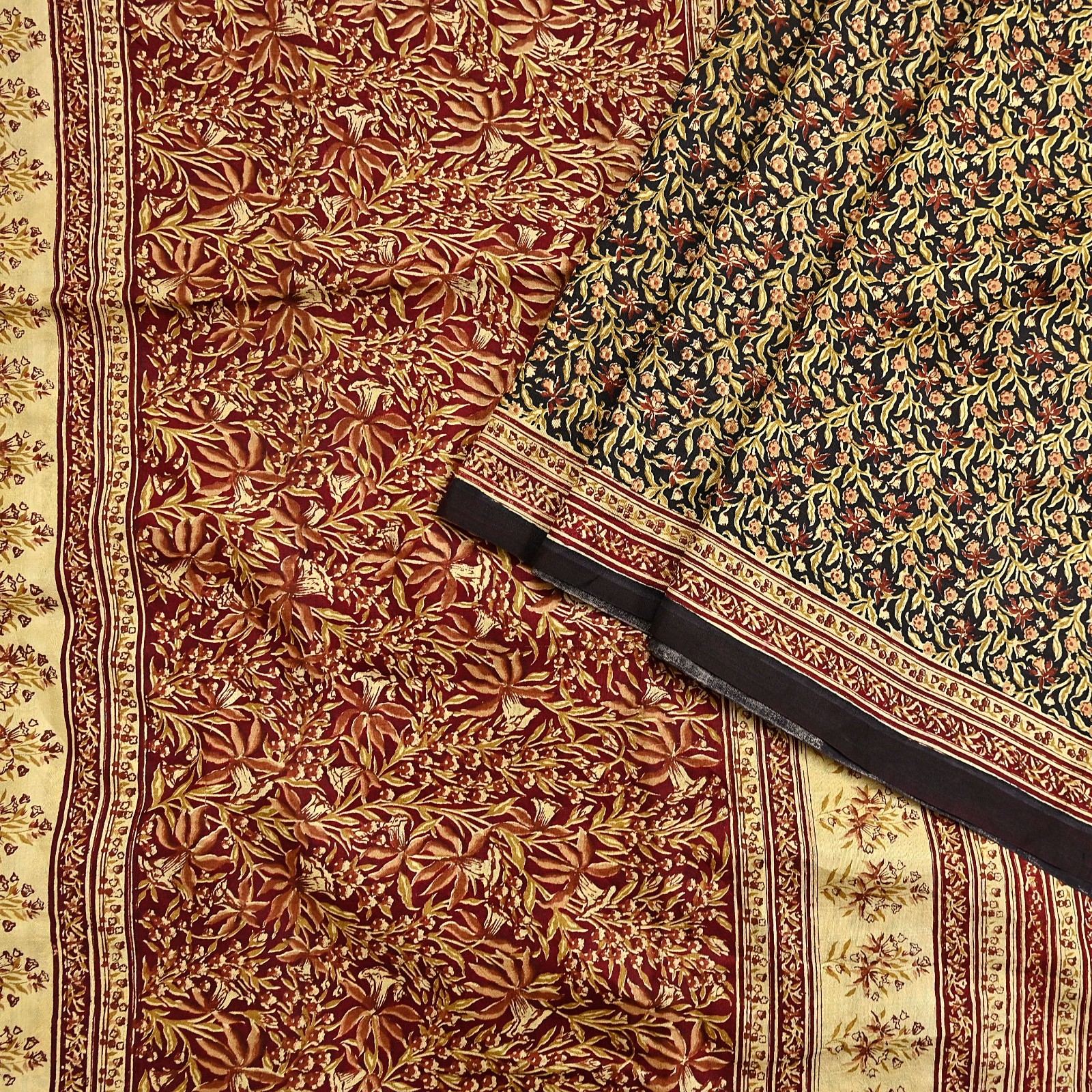 Indian Vintage Sari Maroon & Black 100% Pure Silk Printed Saree Craft Fabric 5yd
