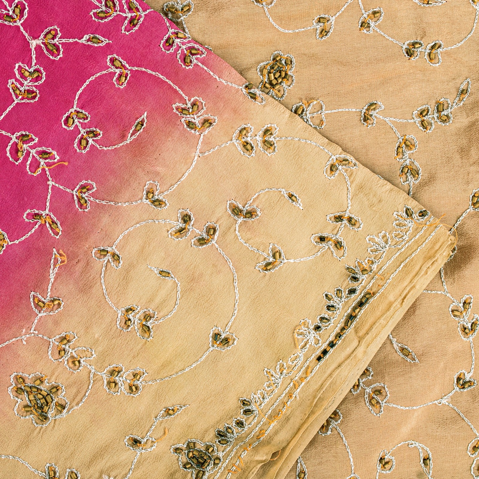 Sanskriti Vintage Pink Sari 100%Pure Crepe Silk Hand Beaded Sarees 5.5+Yd Fabric