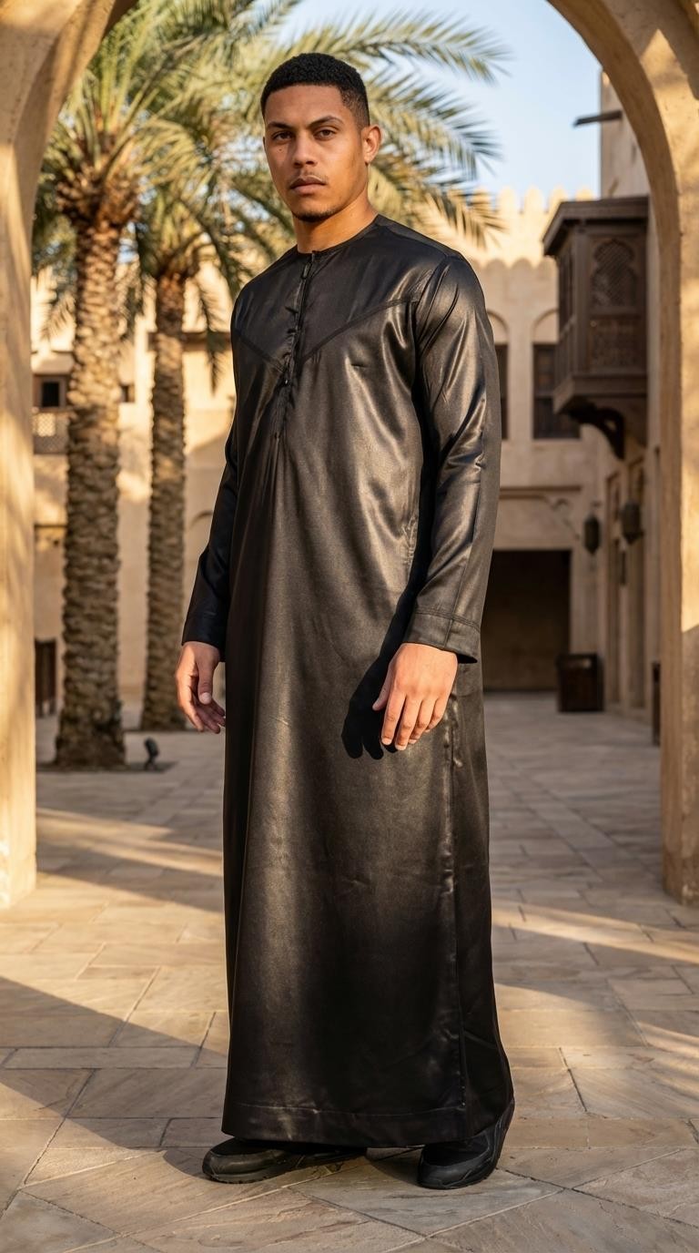 Men’s Black Satin Emirati Thobe Islamic Clothing | Thobez