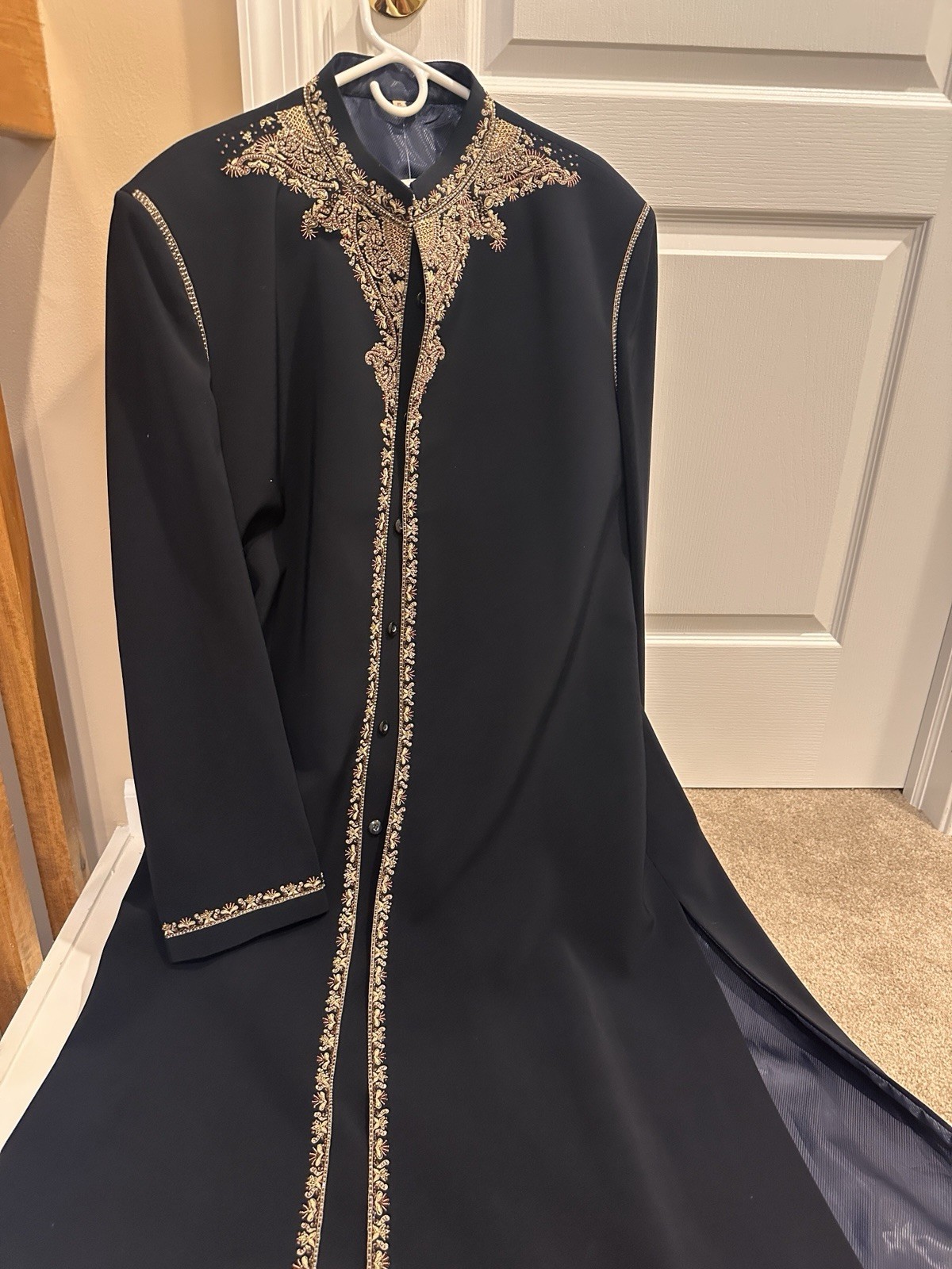 Women’s Black Kaftan Robe Gold Embroidery Satin Synthetic, Size 46