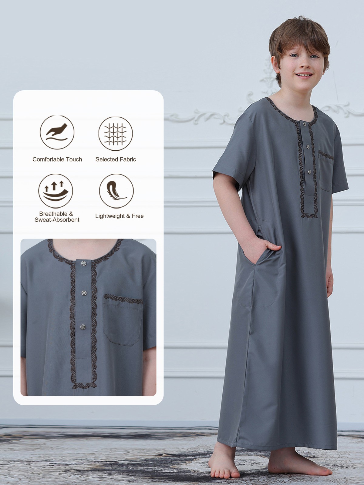 Saudi Arab Boys Thobe Jubba Long Sleeve Abaya Coat Simple Button Daily Wear Eid
