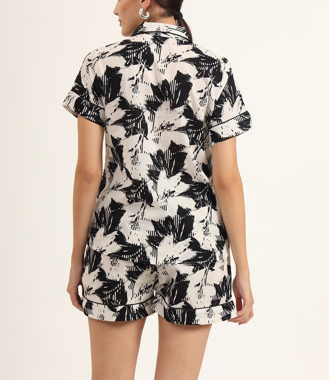 Black & White Asymmetric Print Pure Cotton Regular Night Suit Set for Women