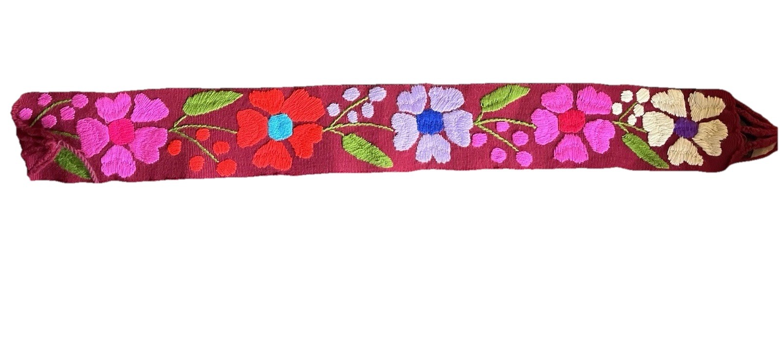 Tie Belt Embroidered Burgundy With Multicolor Flowers 35” Long 4” Wide 22” Ties