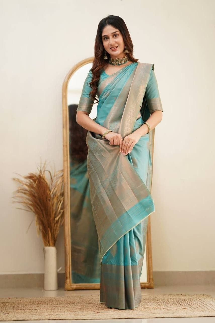 South Indian Soft Lichi Silk Saree Jacquard Weave Temple Border Sari Blouse