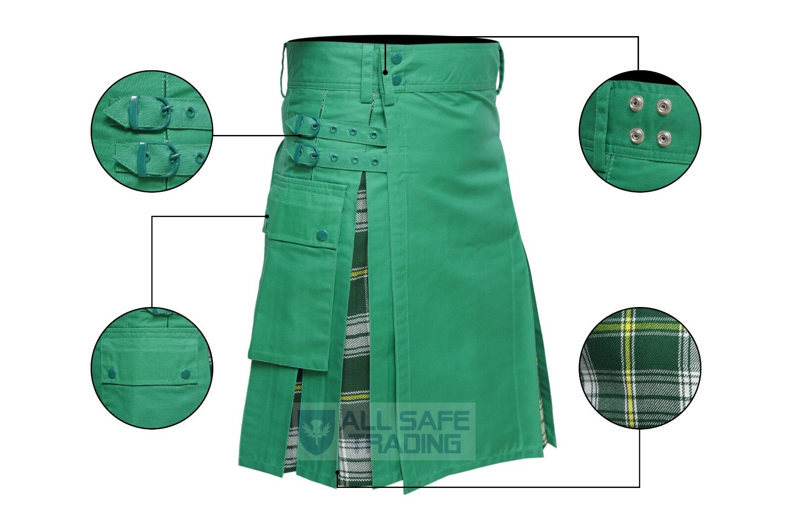 Men’s St. Patrick Tartan Hybrid Utility Cargo Pockets Kilt, Scottish Men’s Kilt,