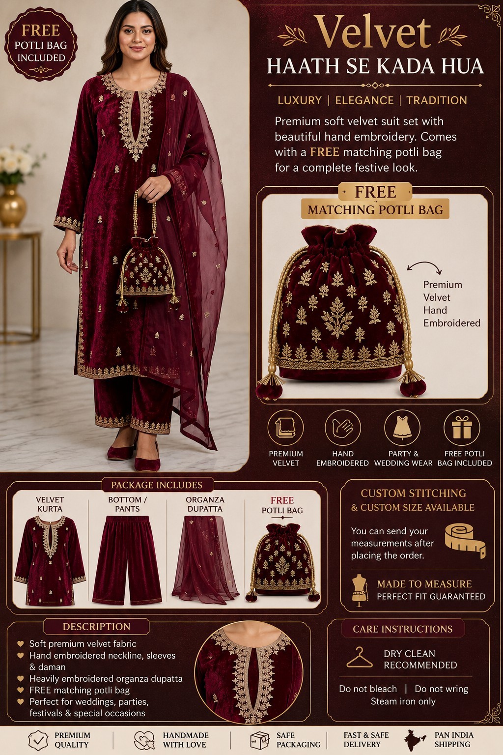 Custom Velvet Hand Embroidered Salwar Suit Set With Free Potli Bag | Luxury…