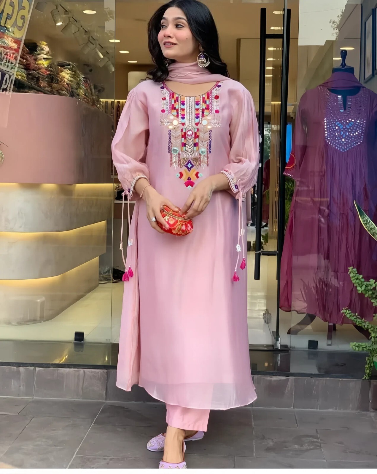 Chanderi Suit Set with Palazzo, Traditional Ethnic Wear With Tassel Details