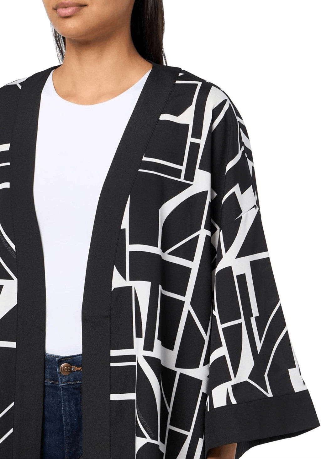 KARL LAGERFELD Women’s Lightweight Layering Colorblock Geometric Blk Whte Kimono