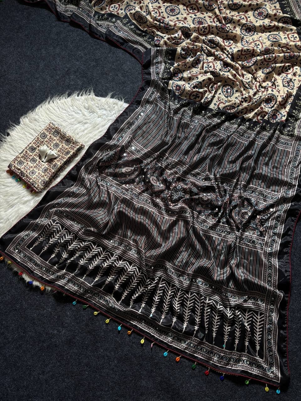 Indian Designer Silk Ajrakh Saree Mirror Work Ethnic Bollywood Party Sari Blouse