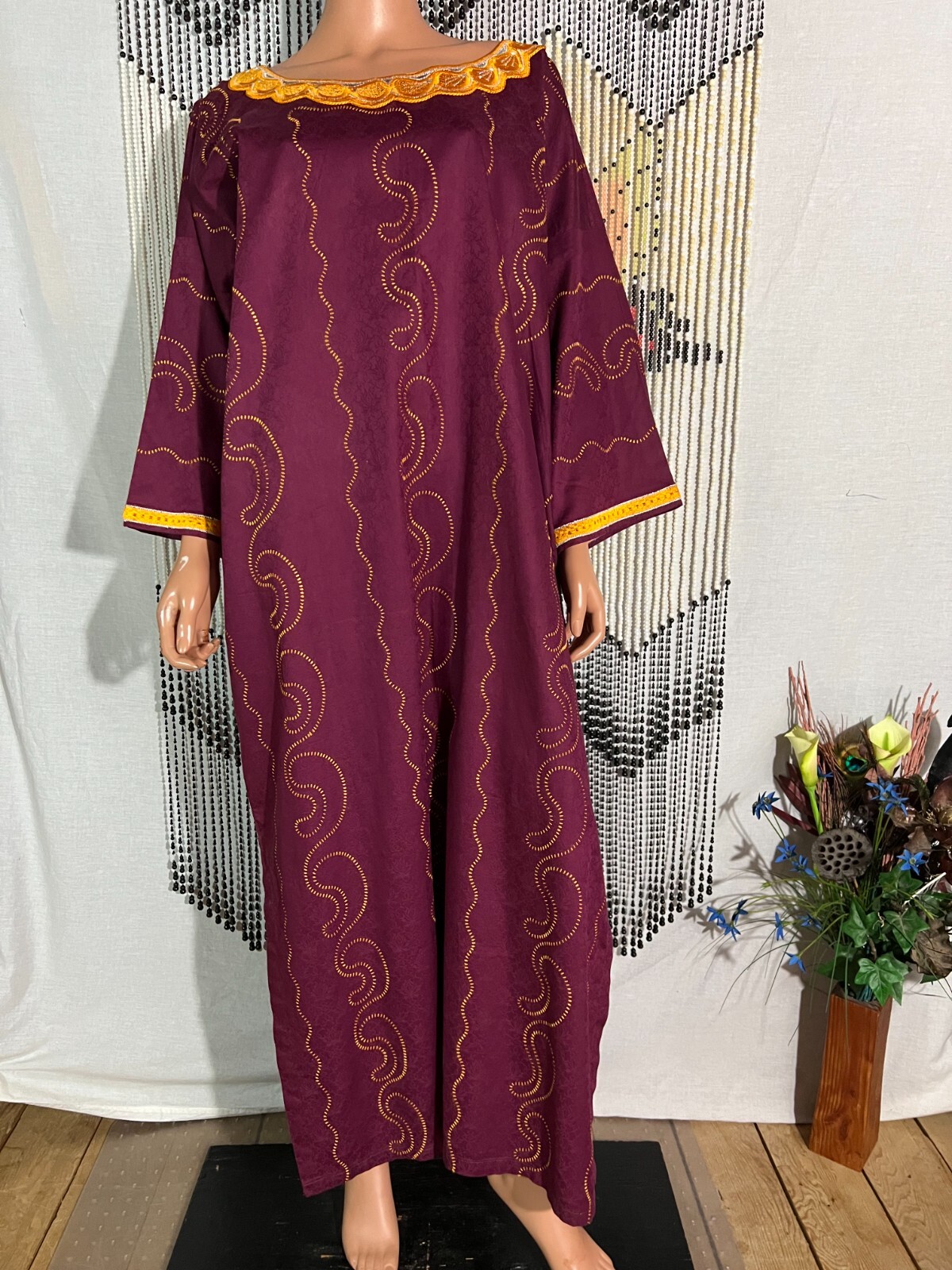 Unisex Men Women Kaftan Long Robe Gnana Africa Burgundy Embroidery Free Chest 56