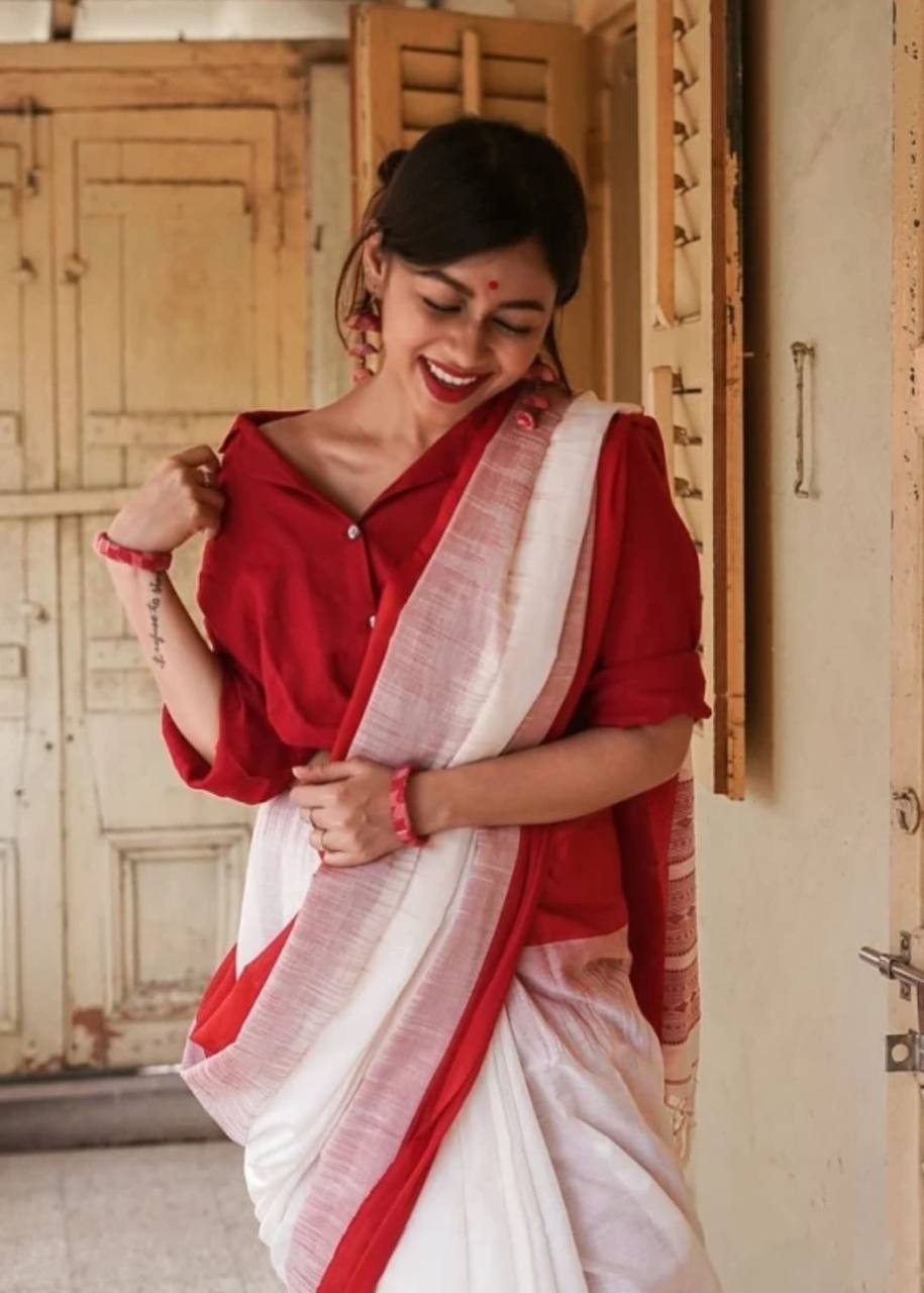 Indian Wedding Saree Red White Soft Linen Slab Saree Ethnic Traditional Wear