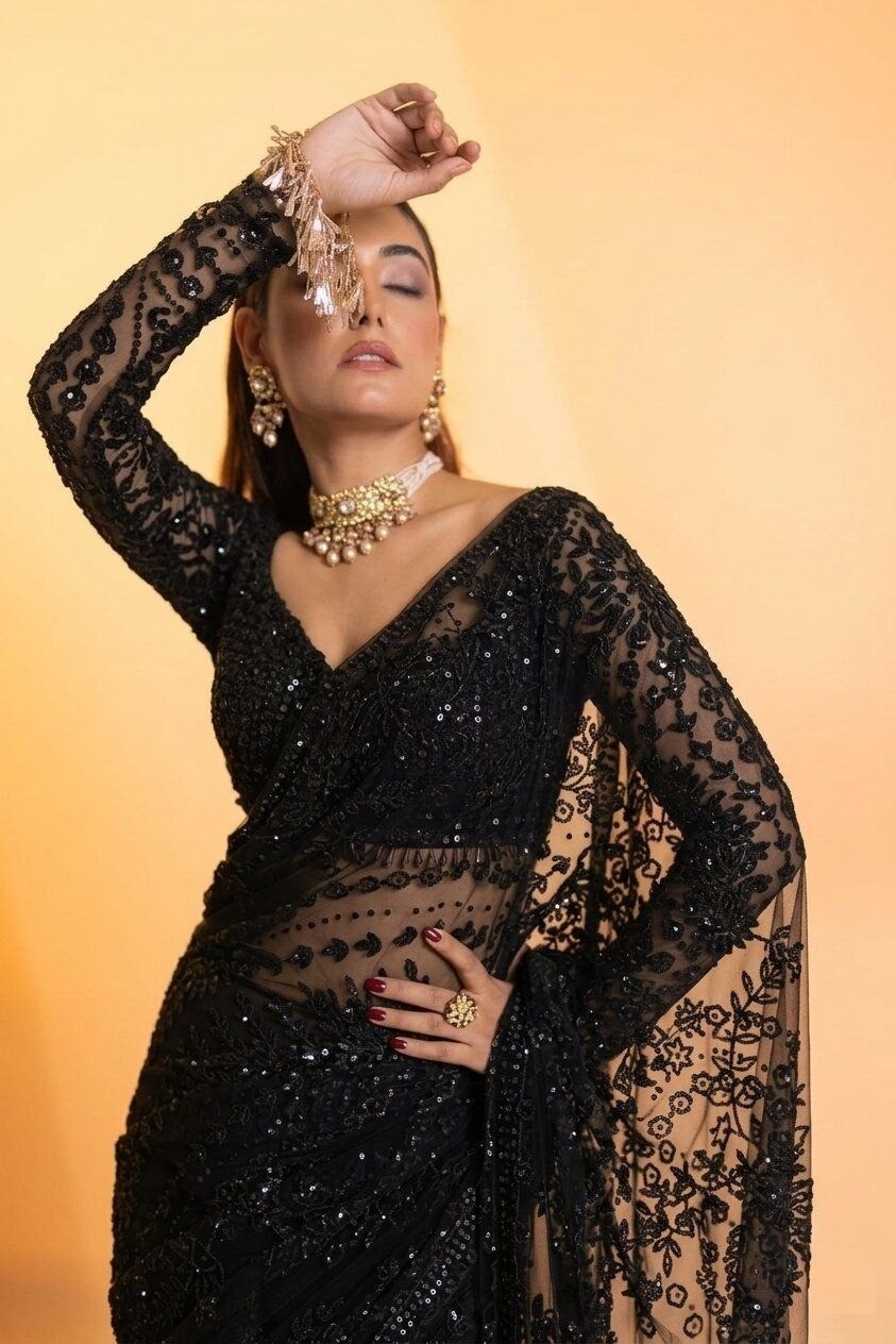 Black Butterfly Net Saree Heavy Sequins Embroidery Party Wear Free Petticoat