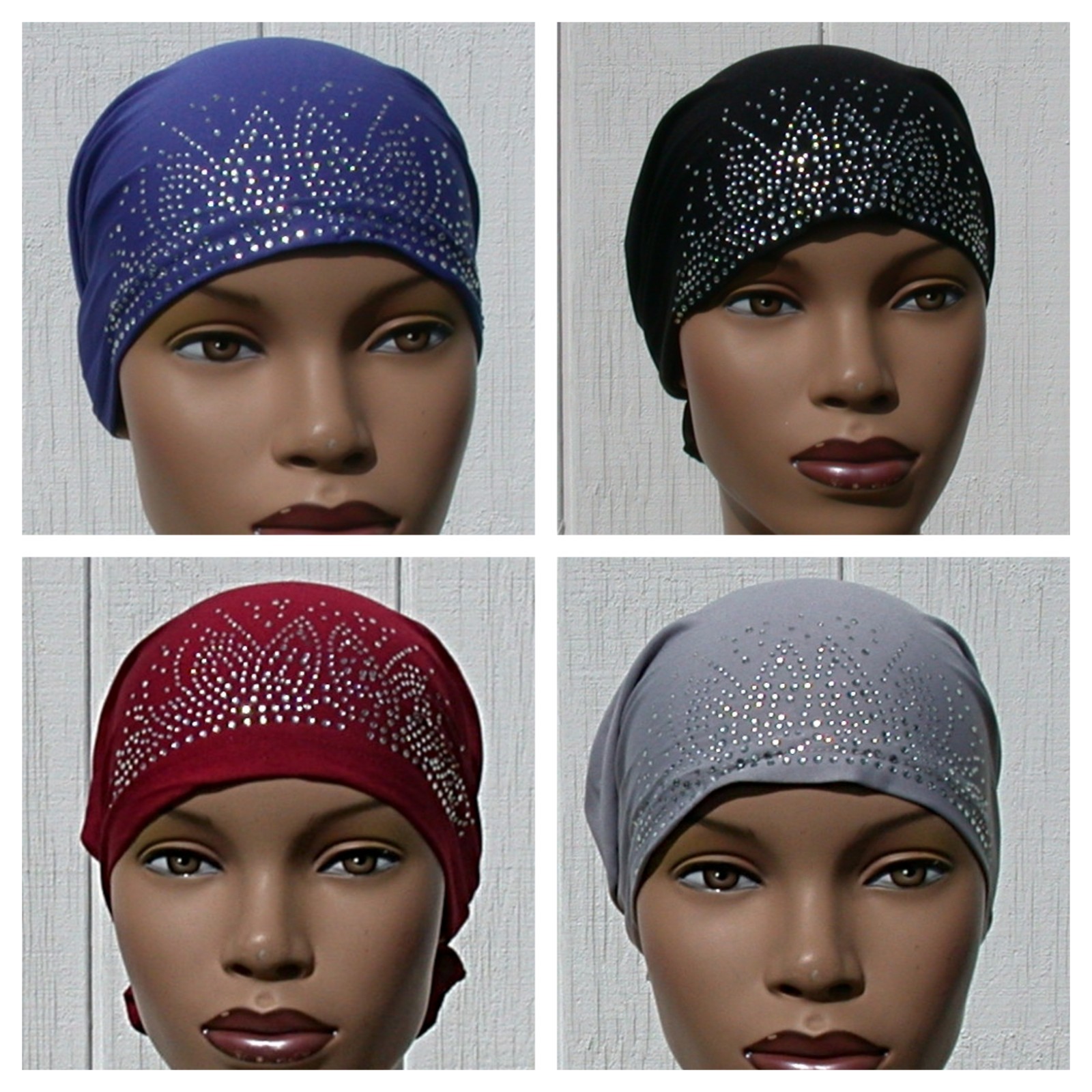 Set of 4 Rhinestone Caps fun & Flirty Chemo Tie Back Cap Black Grey Red Blue