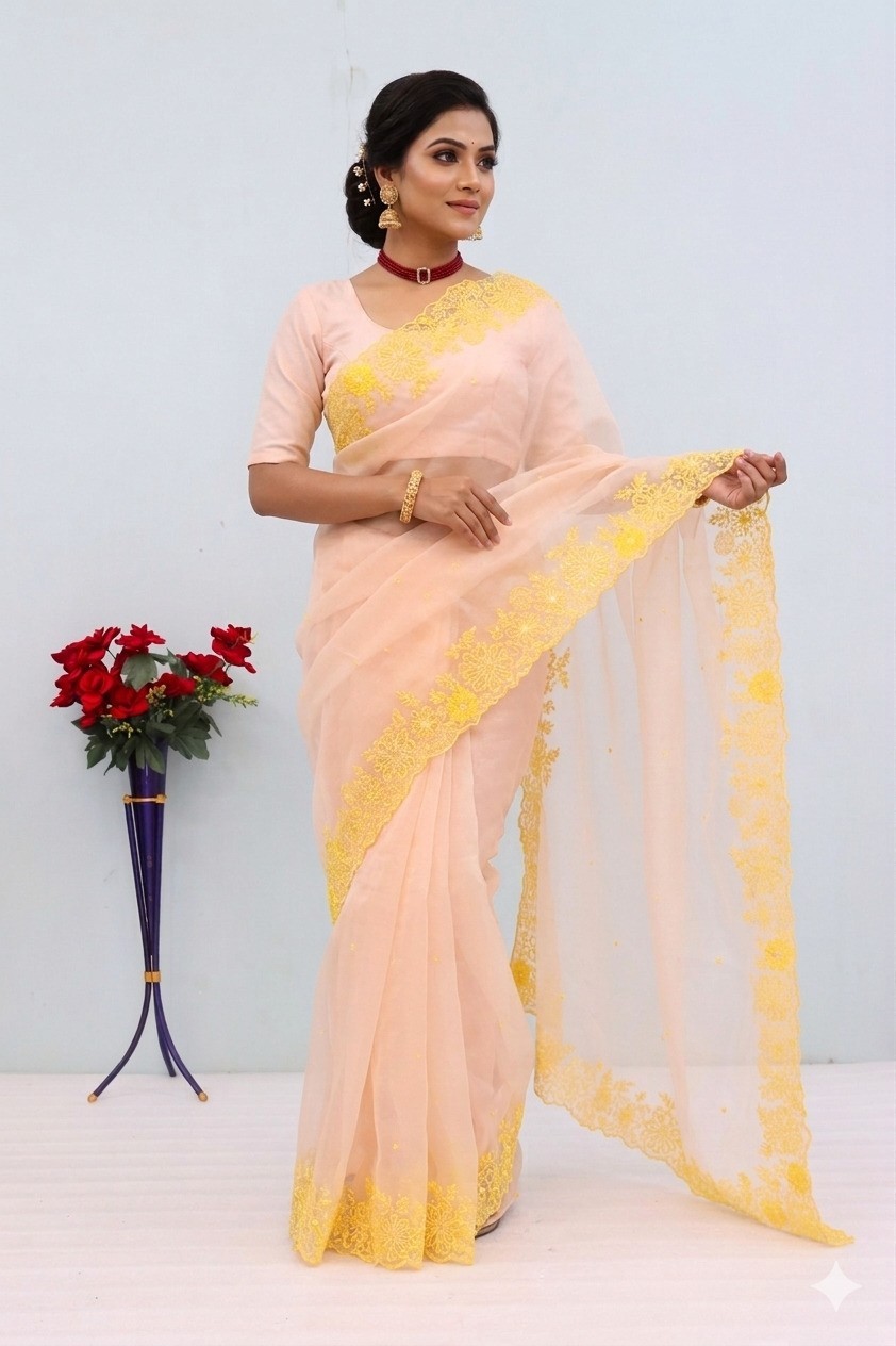 LIGHT PINK & YELLOW COLOR SOFT ORGENZA THREAD ZARI SEQUENCE BORDER WORK SAREES