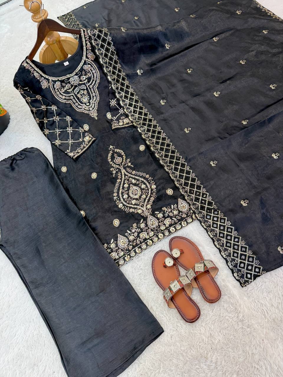 New Designer Silk Kurta Palazzo With Soft Net Dupatta For Party Wear