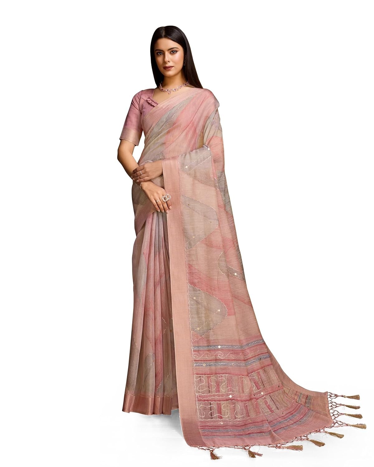 Women’s Heavy Organza Silk Linen Prism Print Saree with Zari Handwork