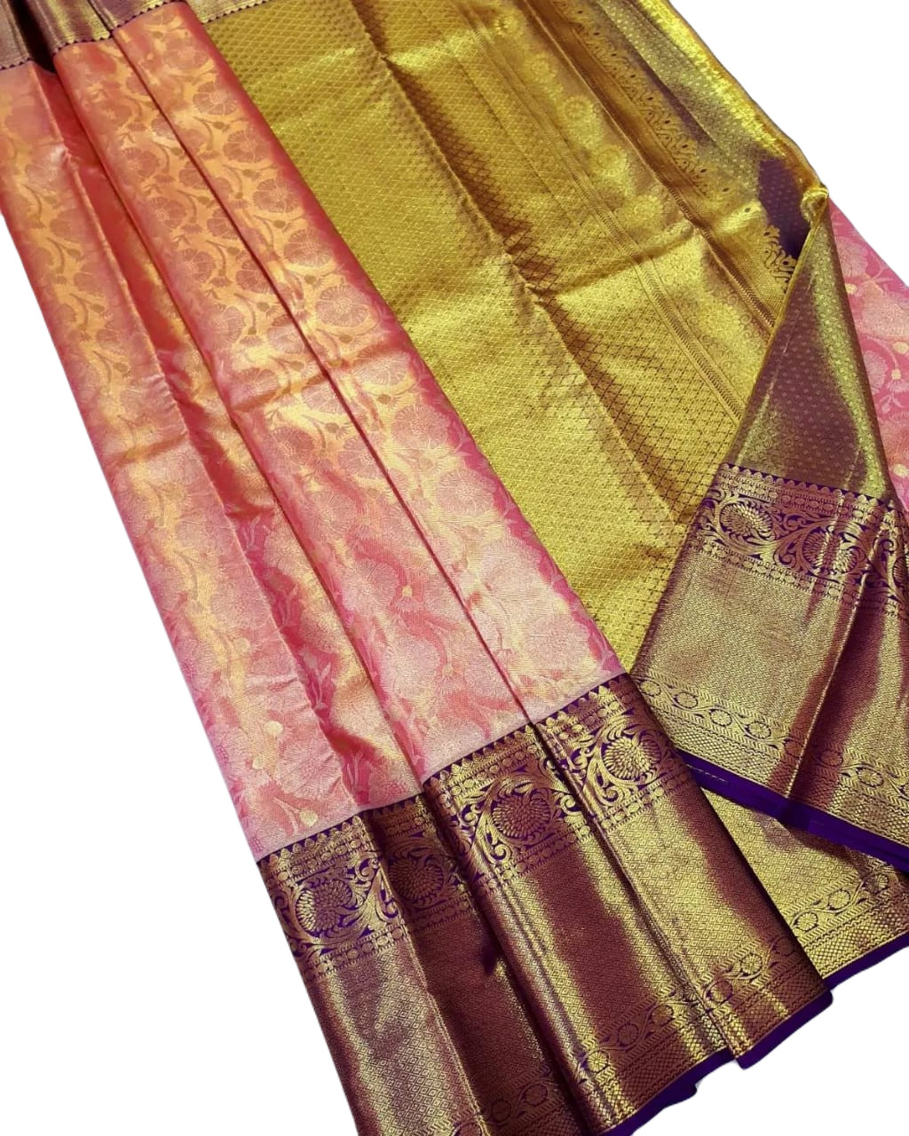 VP EX women’s Pure Kanchipuram Pattu Bridal silk saree sari Onion Pink and Blue
