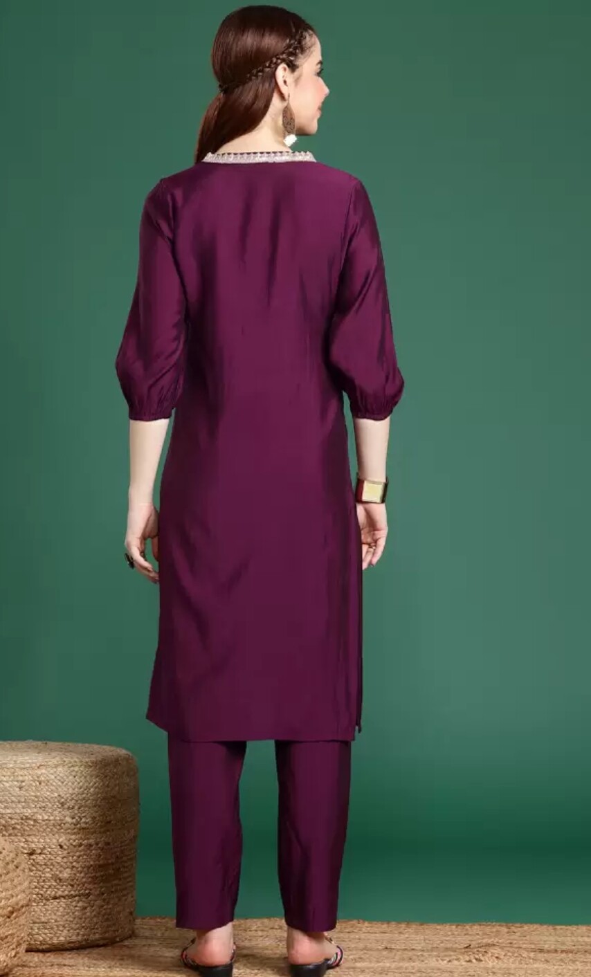 Indian Suits;Women Burgundy/BlueS olid Empire Sequinned Rayon Kurta Trousers Set
