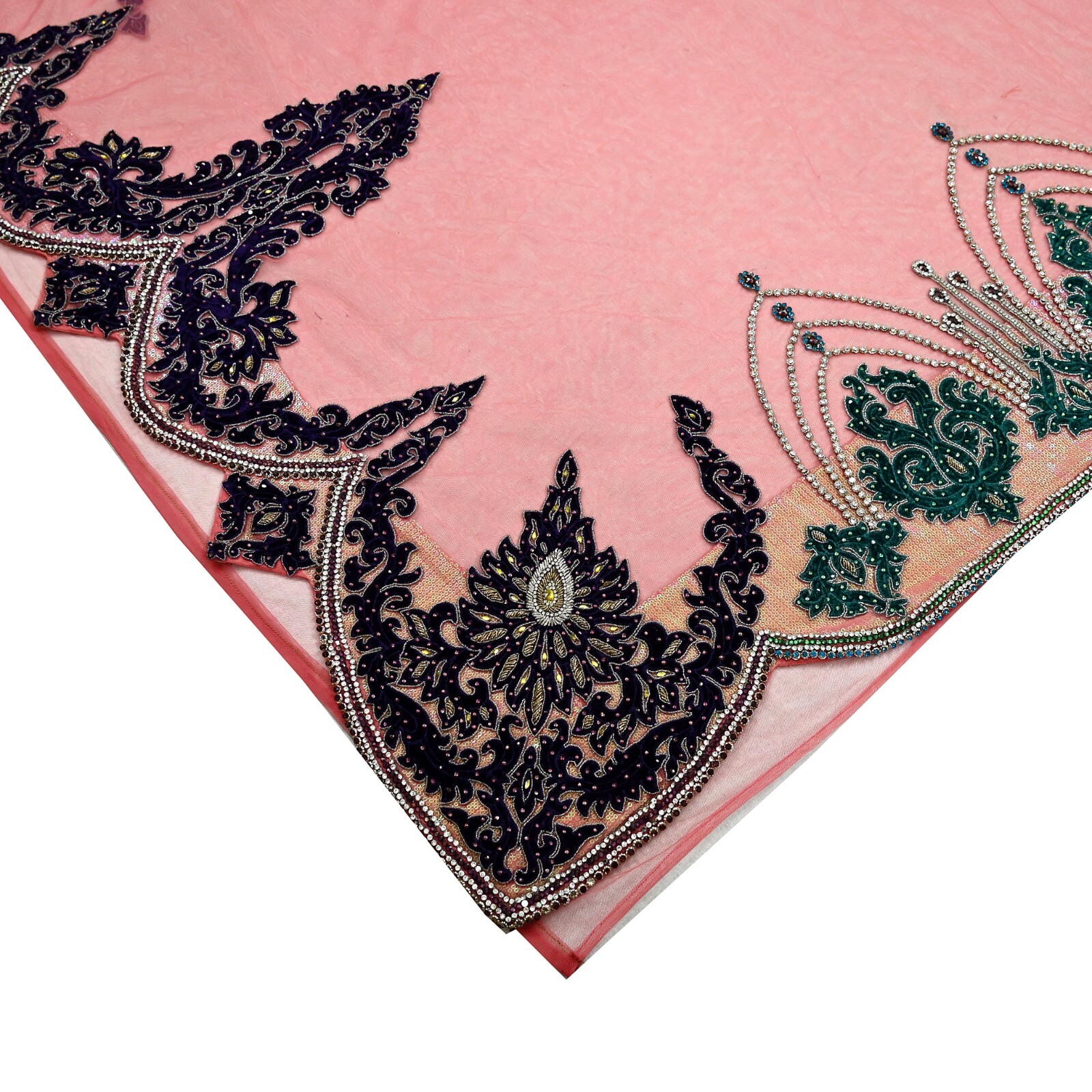 Vintage Heavy Sari Peach Net/Mesh Hand Embroidered Sarees Craft Fabric 5Yd