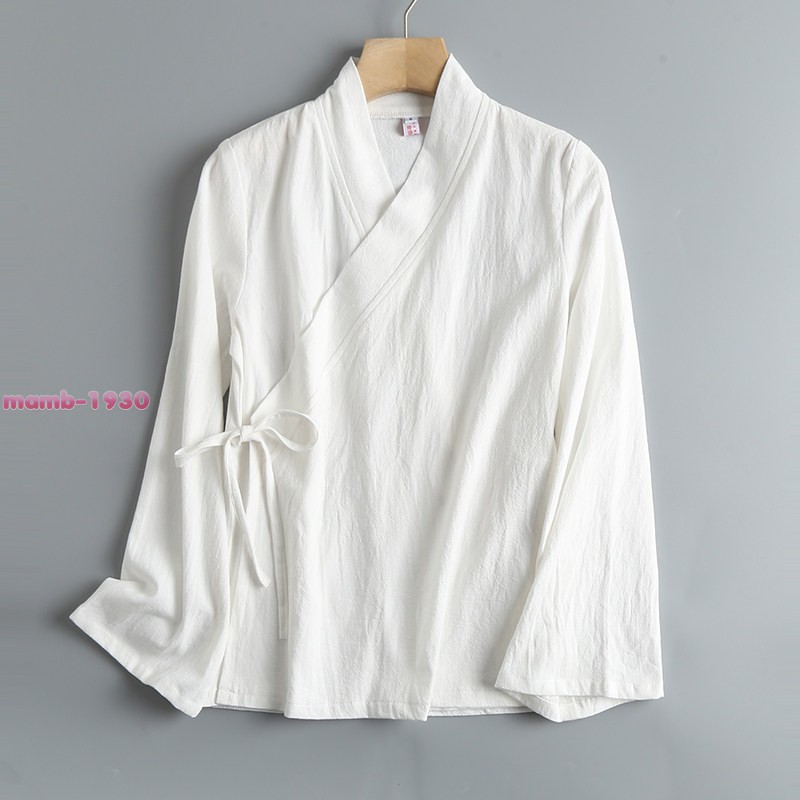 Chinese Style Womens Cotton Flared Long Sleeve Hanfu Cross Collar Tie Daily Wear