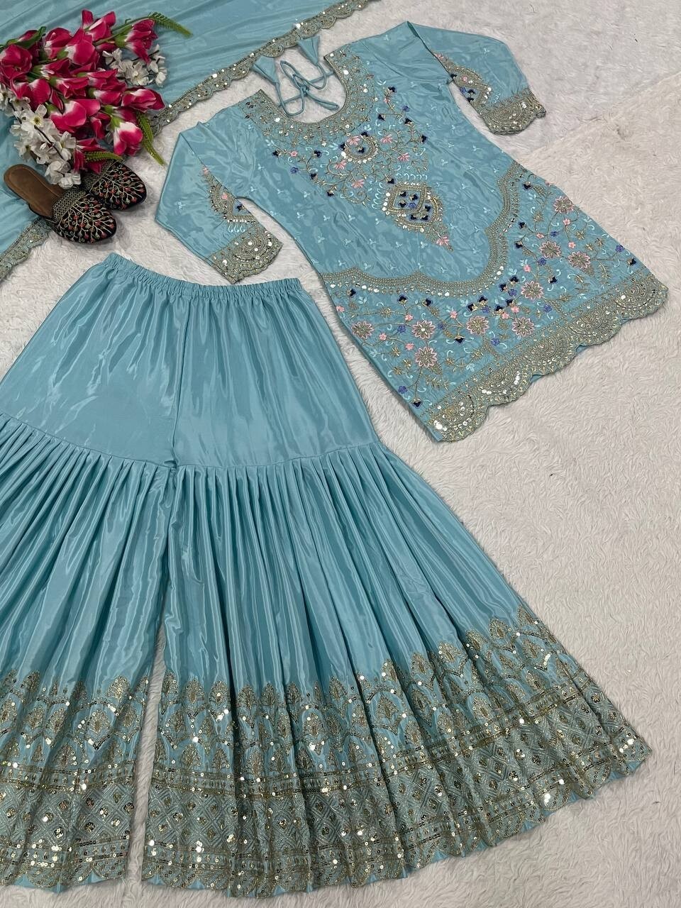 Fancy Collection Sky Blue Natural Crepe Kurta Palazzo With Dupatta For Women