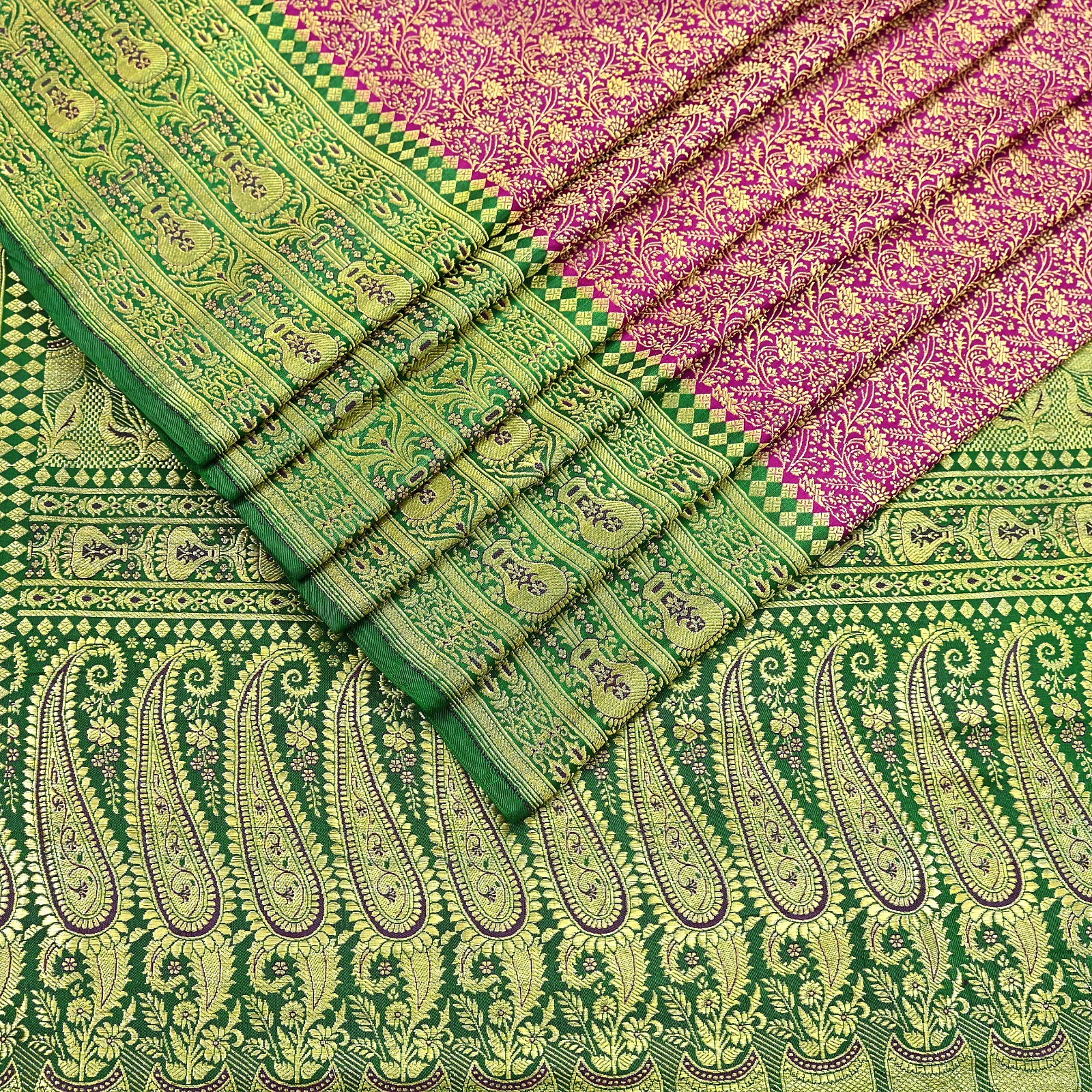 Vintage Banarasi Silk Saree Rani Pink Green Heavy Satin Silk Brocade Fabric 5yd