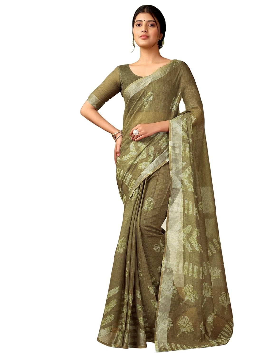 Women’s Cotton Linen Printed 1 Minute Ready to Wear Saree With Unstitched Blouse