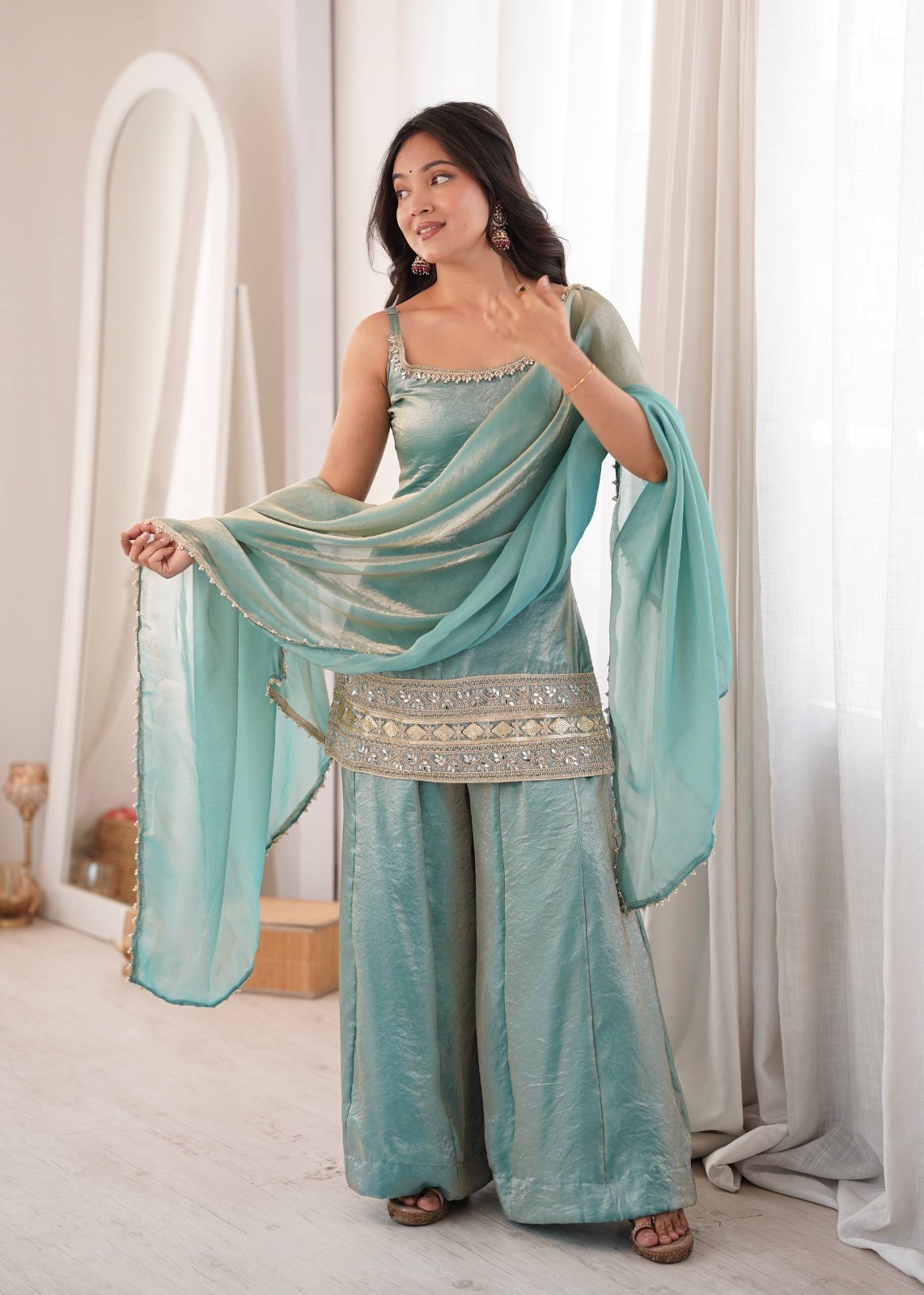 New Launching Doremon Crush Sky Blue Top Palazzo With Dupatta For Festival Wear