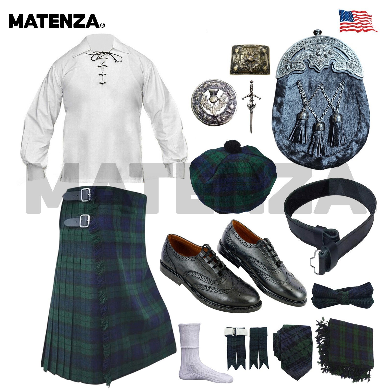 Black Watch Tartan 14pc Scottish Kilt Outfit Set 5 Yard Highland Wear