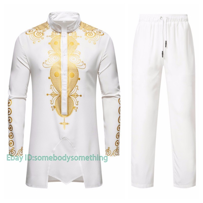 Men’s African 2 Piece Set Traditional Shirt and Pants Set Suit Middle East Suit