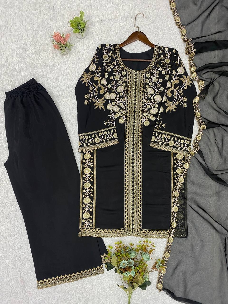 New Designer Black Roman Kurta Palazzo With Dupatta For Party Wear