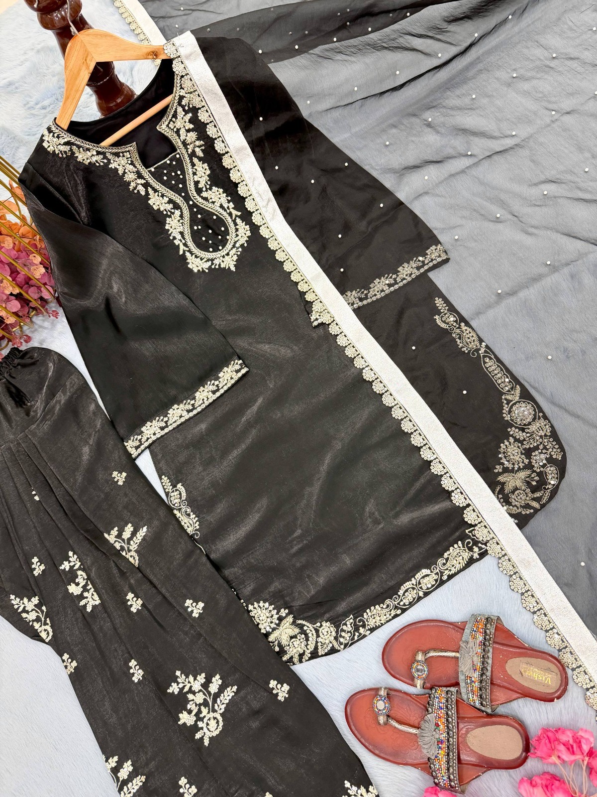 Party Wear Roman Glass Silk Salwar Kameez With Organza Silk Dupatta For Women