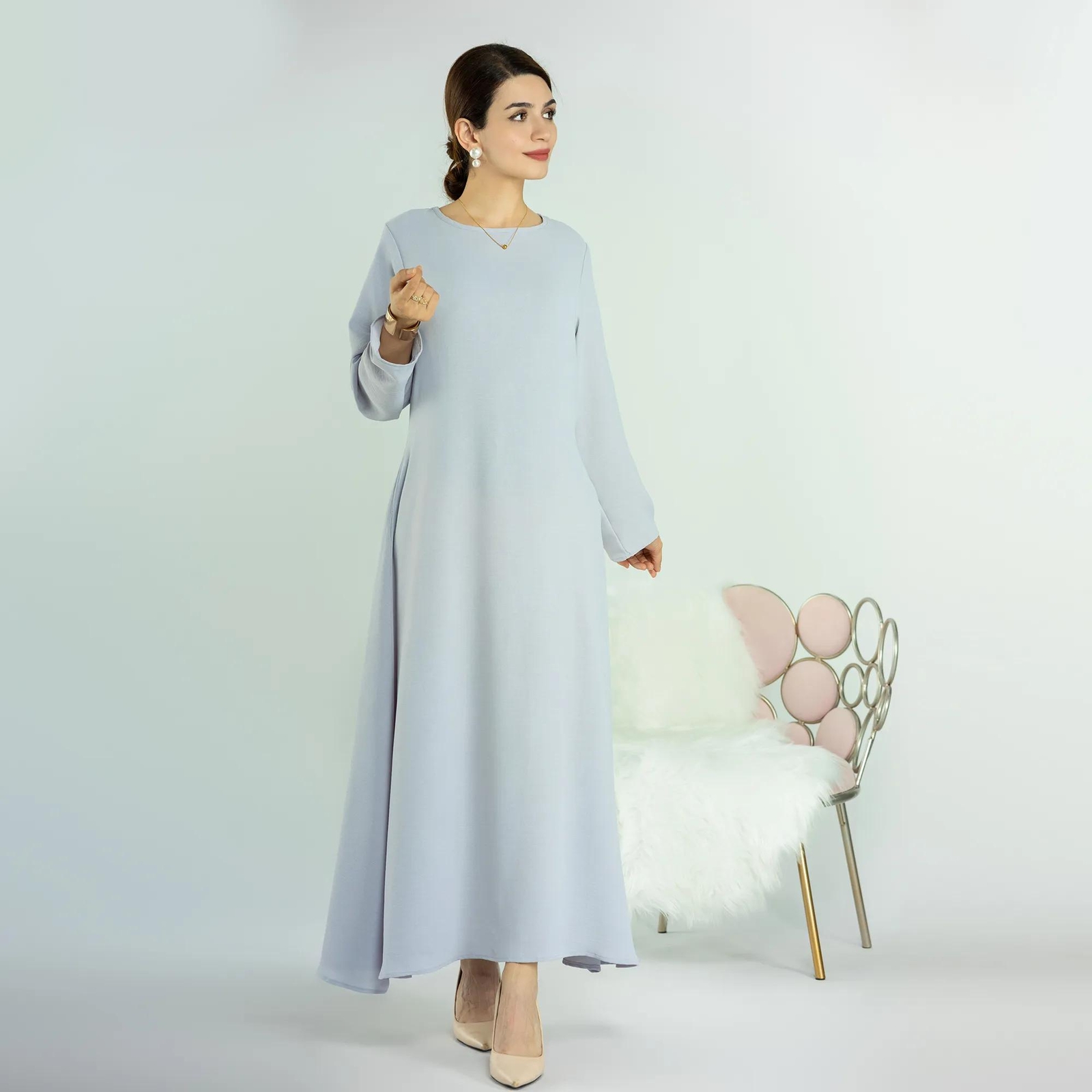New Muslim Womens Simple Solid Color Long Sleeve Abaya Loose Robe Kaftan