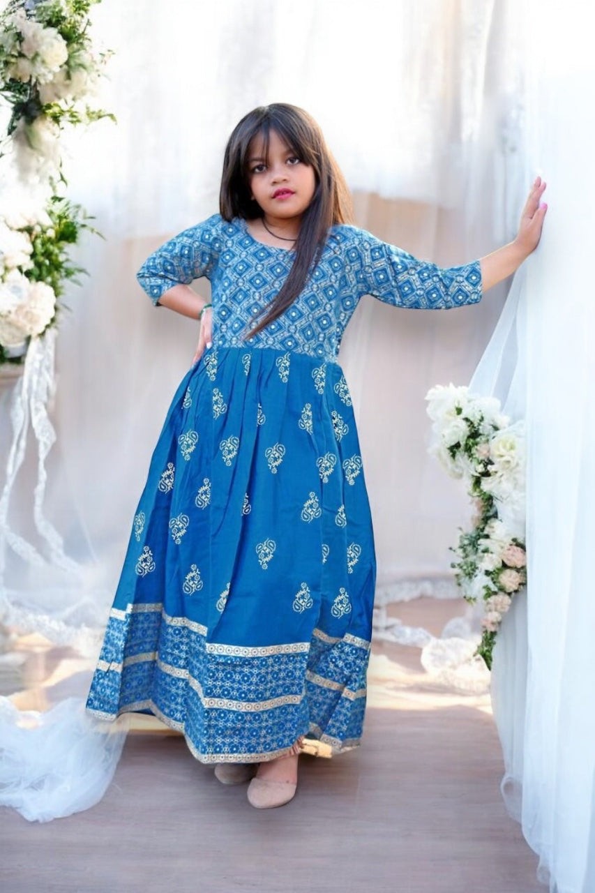 Traditional Foil Printed Gown Suit for Young Girls, Cultural Wear, F